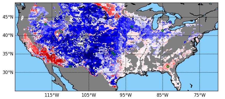 A map of the continental US, with blue and red shading overlying it. Most of the map area is 
                                  blue, but there are red patches near Minnestoa and in the dry regions of California and 
                                  Arizona.