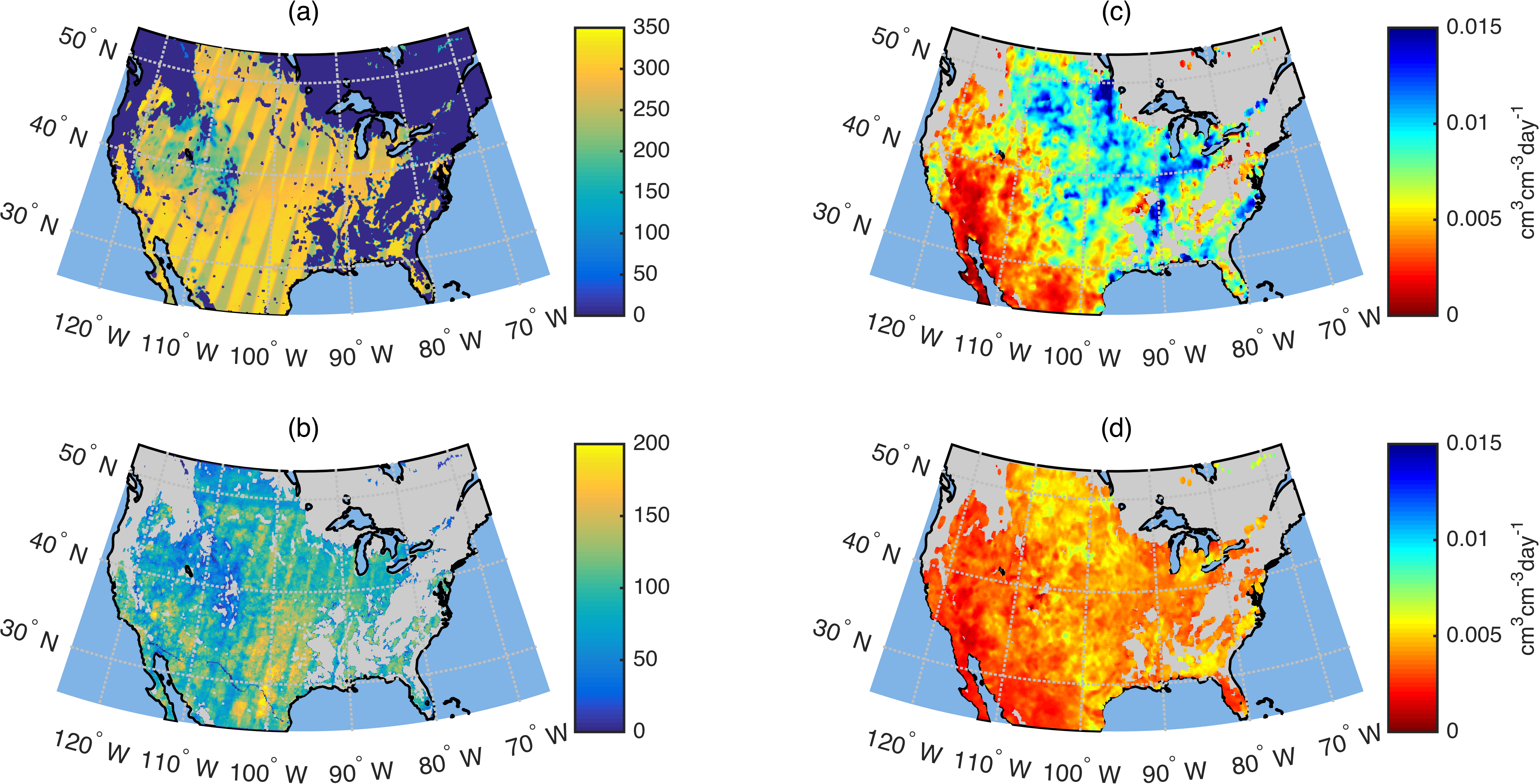 Four panels all based on the ouline of the continental US. The first and second (a and b)
                                  have colors indicating counts of satellite observations and soil drying rates,
                                  respectively. Most locations have about 300 satellite observations and 100
                                  soil drying rates. The more forested parts of the country have no observations.
                                  The third and fourth panels have colors indicating soil drying rates, in cubic centimters
                                  per day. There are no data where there were no satellite observations. The two panels
                                  are slightly different, as one is derived from satellite observations and the other is
                                  derived from a model, but they show similar patterns. The fastest
                                  drying rates are in the middle part of the country.